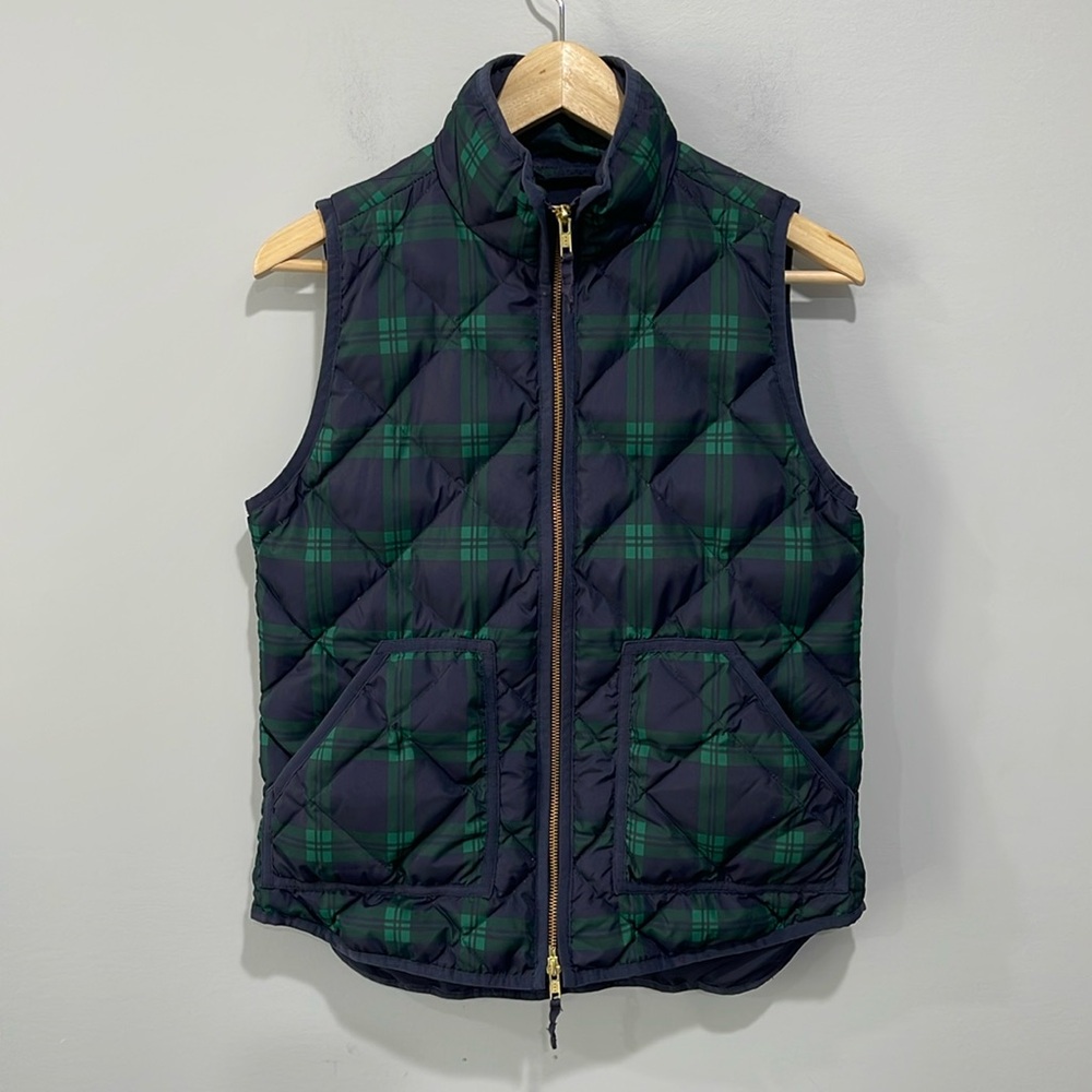 J Crew Women's Puffer Vest Quilted Full Zip Size XS Forest Green Navy Blue Plaid